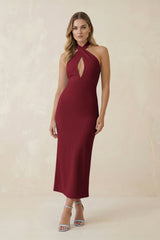 Halter Cut - Out Sheath Satin Midi Bridesmaid Dress in Burgundy - KissProm Bridesmaid Dresses