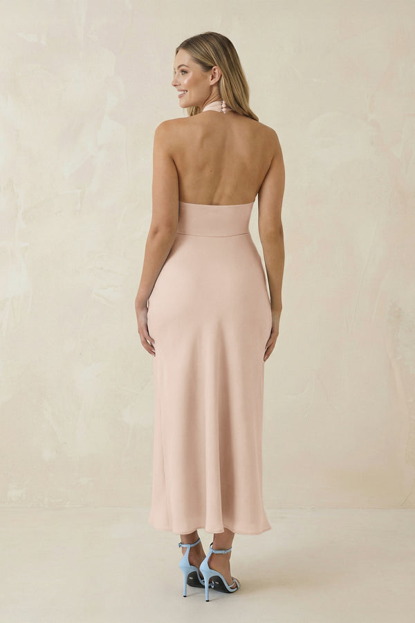Halter Cut - Out Sheath Satin Midi Bridesmaid Dress in Buttercream - KissProm Bridesmaid Dresses
