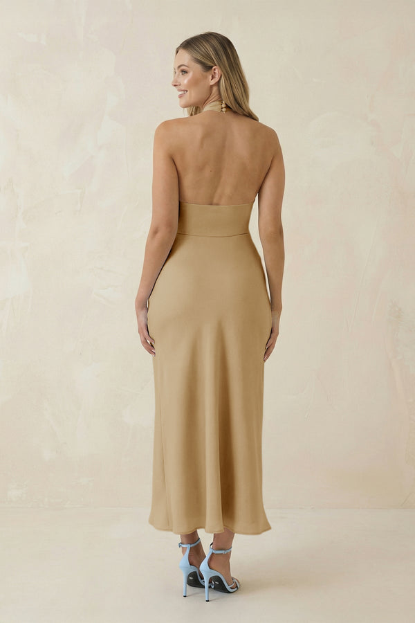 Halter Cut - Out Sheath Satin Midi Bridesmaid Dress in Champagne - KissProm Bridesmaid Dresses
