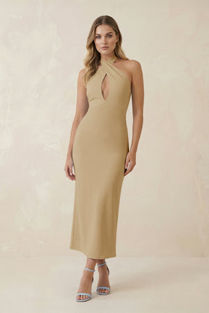 Halter Cut - Out Sheath Satin Midi Bridesmaid Dress in Champagne - KissProm Bridesmaid Dresses