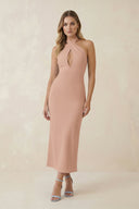 Halter Cut - Out Sheath Satin Midi Bridesmaid Dress in Champagne Rose - KissProm Bridesmaid Dresses