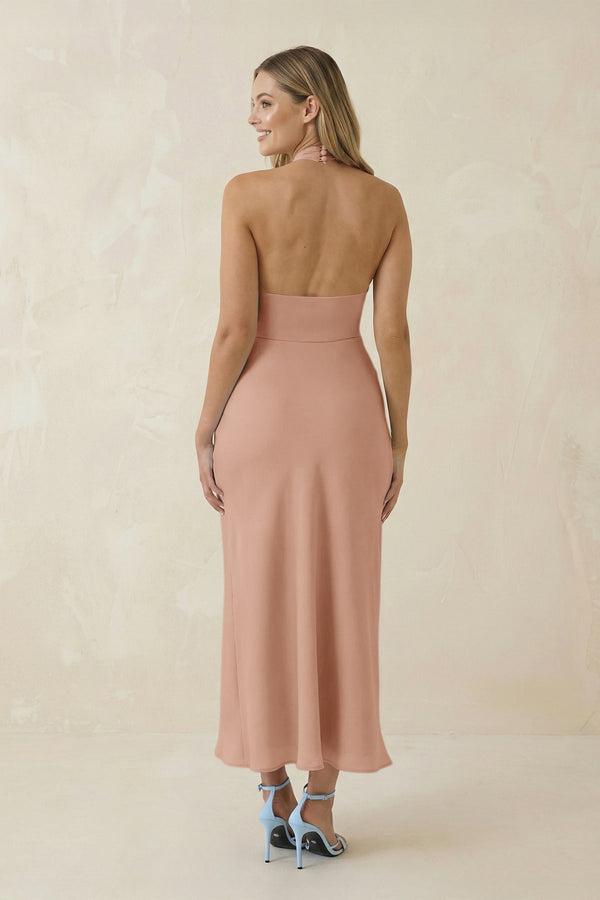 Halter Cut - Out Sheath Satin Midi Bridesmaid Dress in Champagne Rose - KissProm Bridesmaid Dresses