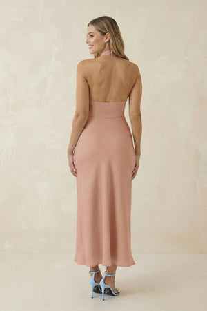 Halter Cut - Out Sheath Satin Midi Bridesmaid Dress in Champagne Rose - KissProm Bridesmaid Dresses