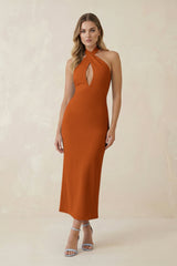 Halter Cut - Out Sheath Satin Midi Bridesmaid Dress in Cinnamon - KissProm Bridesmaid Dresses