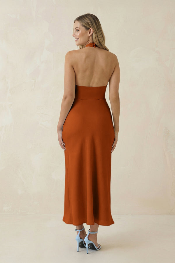 Halter Cut - Out Sheath Satin Midi Bridesmaid Dress in Cinnamon - KissProm Bridesmaid Dresses