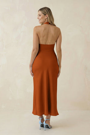 Halter Cut - Out Sheath Satin Midi Bridesmaid Dress in Cinnamon - KissProm Bridesmaid Dresses