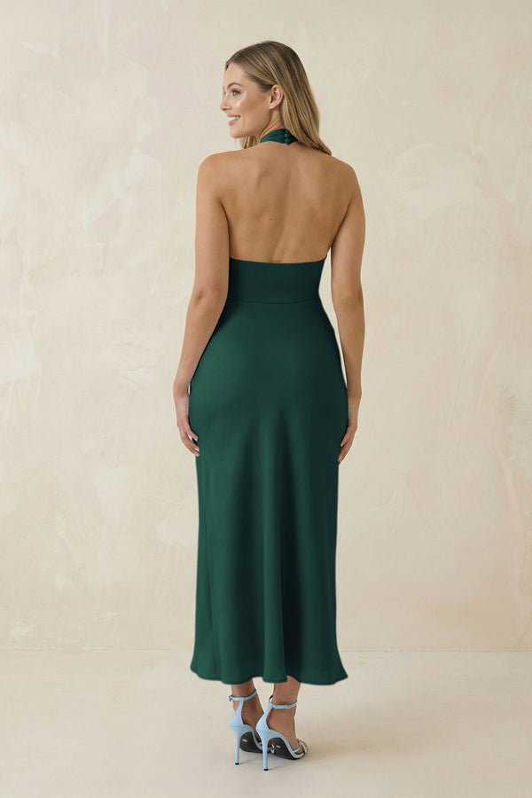 Halter Cut - Out Sheath Satin Midi Bridesmaid Dress in Dark Green - KissProm Bridesmaid Dresses
