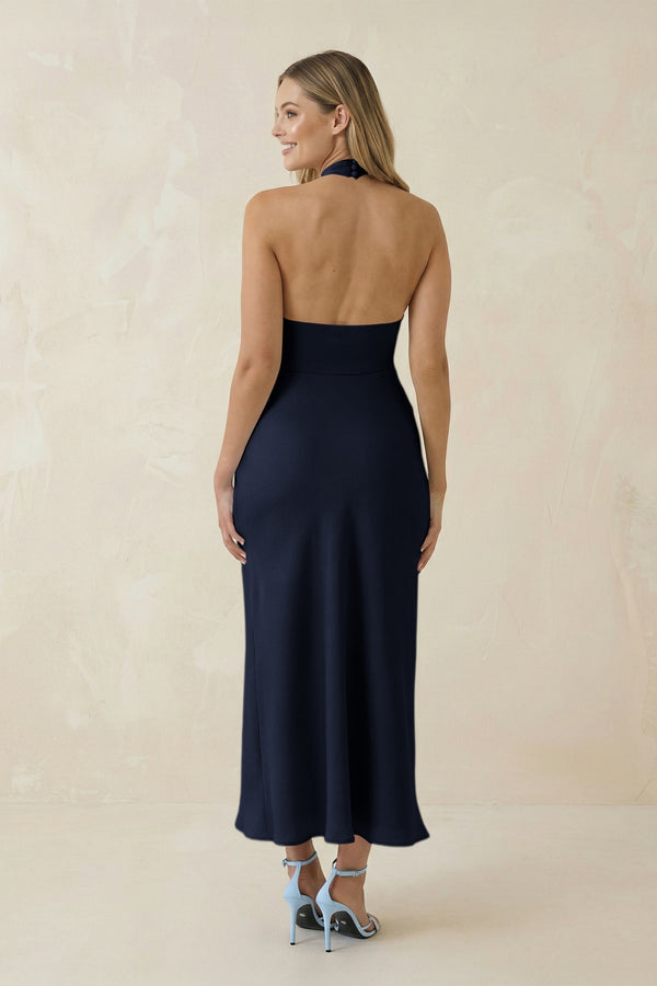 Halter Cut - Out Sheath Satin Midi Bridesmaid Dress in Dark Navy - KissProm Bridesmaid Dresses