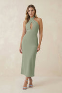 Halter Cut - Out Sheath Satin Midi Bridesmaid Dress in Dove Gray - KissProm Bridesmaid Dresses