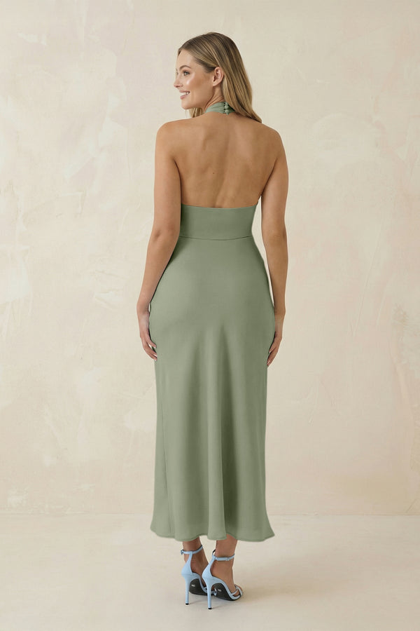 Halter Cut - Out Sheath Satin Midi Bridesmaid Dress in Dove Gray - KissProm Bridesmaid Dresses