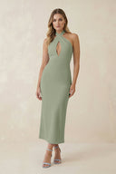 Halter Cut - Out Sheath Satin Midi Bridesmaid Dress in Dove Gray - KissProm Bridesmaid Dresses