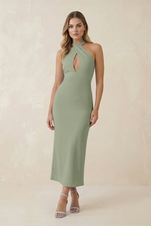 Halter Cut - Out Sheath Satin Midi Bridesmaid Dress in Dove Gray - KissProm Bridesmaid Dresses