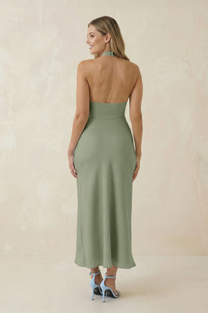 Halter Cut - Out Sheath Satin Midi Bridesmaid Dress in Dove Gray - KissProm Bridesmaid Dresses