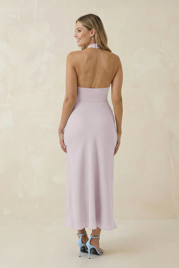 Halter Cut - Out Sheath Satin Midi Bridesmaid Dress in Dusk - KissProm Bridesmaid Dresses