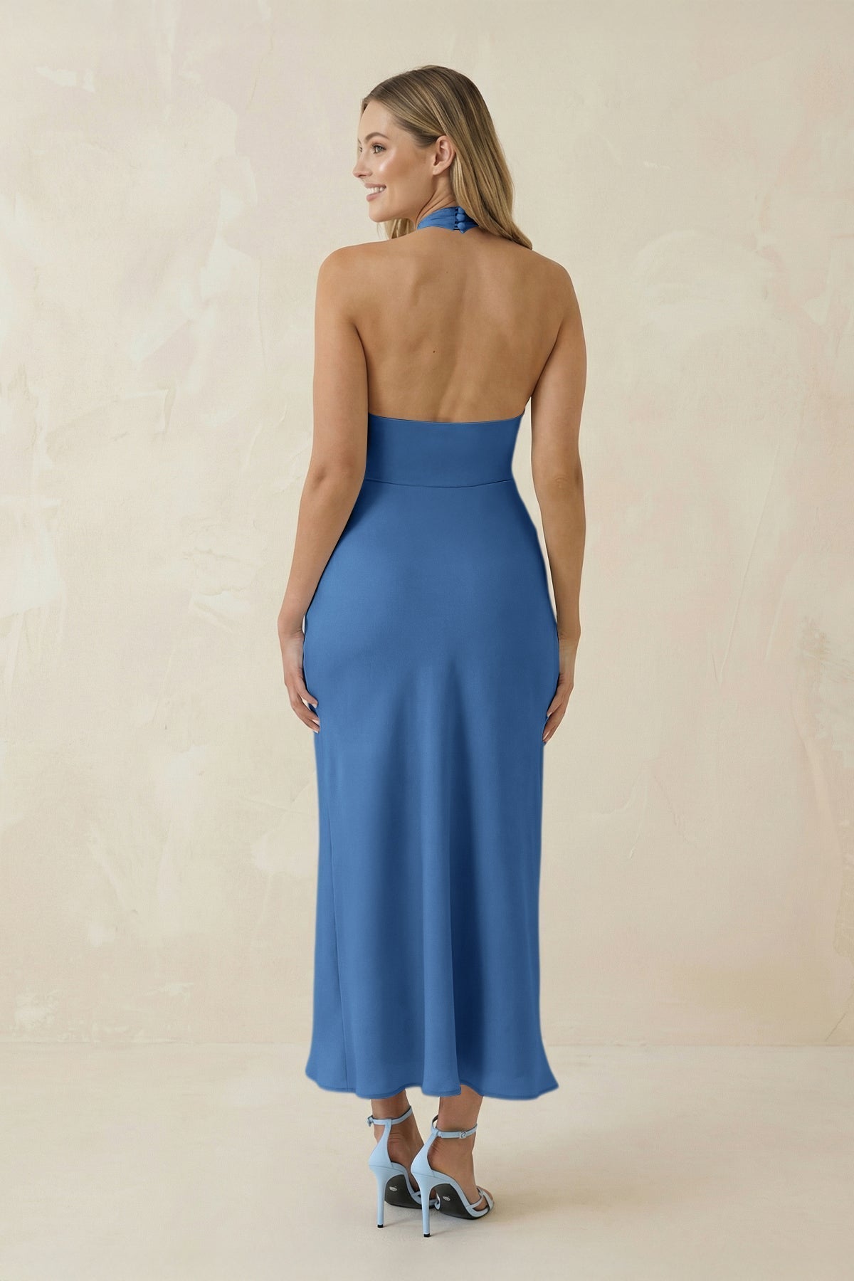 KissProm Halter Cut-Out Sheath Satin Midi Bridesmaid Dress in Dusty Blue, Dusty Blue / 24