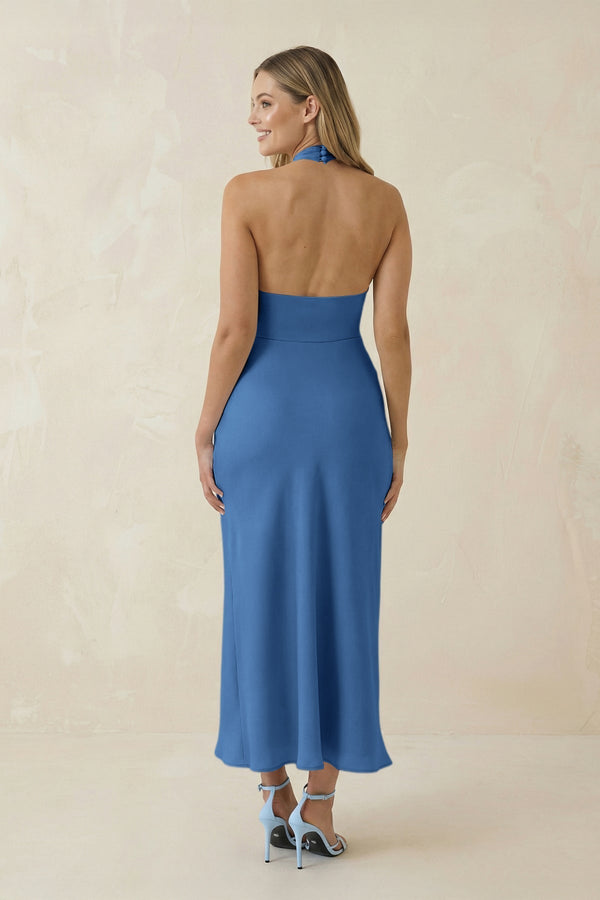 Halter Cut - Out Sheath Satin Midi Bridesmaid Dress in Dusty Blue - KissProm Bridesmaid Dresses
