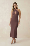 Halter Cut - Out Sheath Satin Midi Bridesmaid Dress in Espresso - KissProm Bridesmaid Dresses