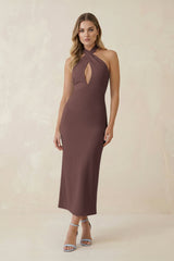 Halter Cut - Out Sheath Satin Midi Bridesmaid Dress in Espresso - KissProm Bridesmaid Dresses
