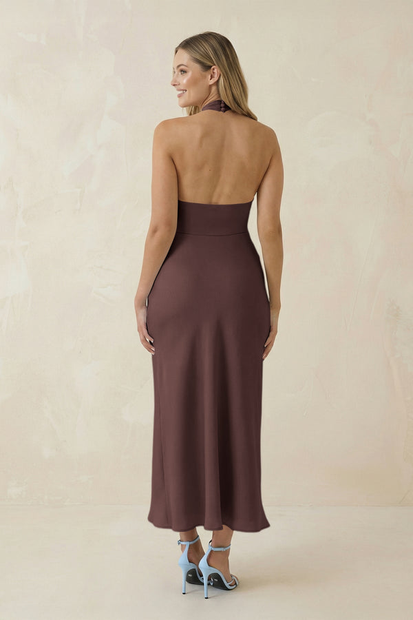 Halter Cut - Out Sheath Satin Midi Bridesmaid Dress in Espresso - KissProm Bridesmaid Dresses
