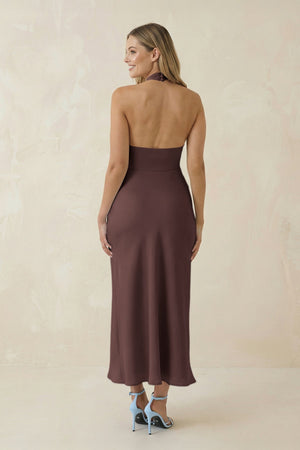 Halter Cut - Out Sheath Satin Midi Bridesmaid Dress in Espresso - KissProm Bridesmaid Dresses