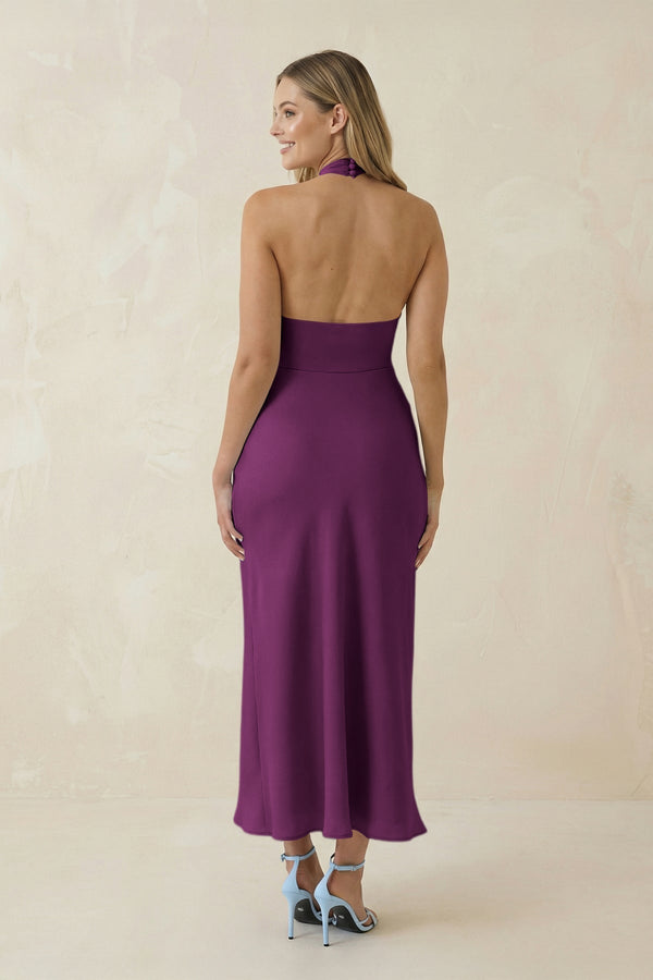 Halter Cut - Out Sheath Satin Midi Bridesmaid Dress in Fig - KissProm Bridesmaid Dresses