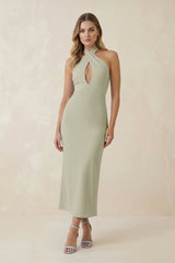 Halter Cut - Out Sheath Satin Midi Bridesmaid Dress in Frost - KissProm Bridesmaid Dresses