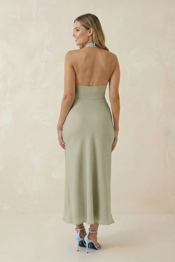 Halter Cut - Out Sheath Satin Midi Bridesmaid Dress in Frost - KissProm Bridesmaid Dresses