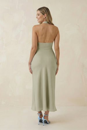 Halter Cut - Out Sheath Satin Midi Bridesmaid Dress in Frost - KissProm Bridesmaid Dresses