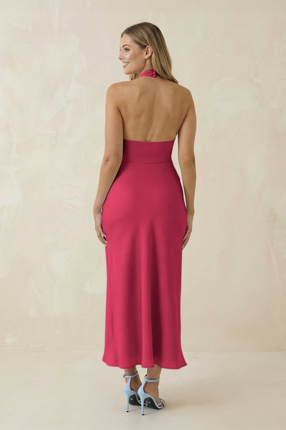 Halter Cut - Out Sheath Satin Midi Bridesmaid Dress in Fuchsia - KissProm Bridesmaid Dresses
