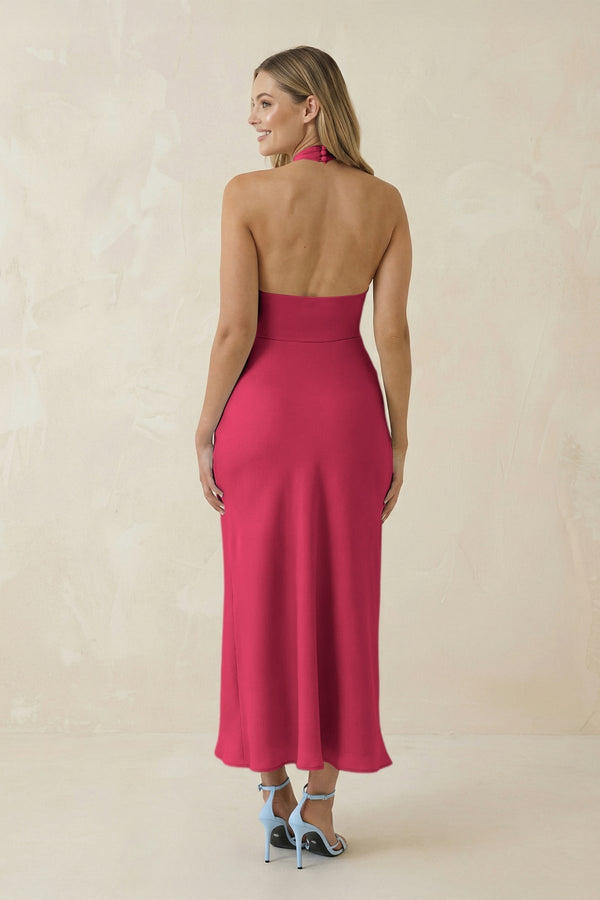 Halter Cut - Out Sheath Satin Midi Bridesmaid Dress in Fuchsia - KissProm Bridesmaid Dresses