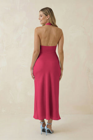 Halter Cut - Out Sheath Satin Midi Bridesmaid Dress in Fuchsia - KissProm Bridesmaid Dresses
