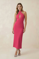 Halter Cut - Out Sheath Satin Midi Bridesmaid Dress in Fuchsia - KissProm Bridesmaid Dresses