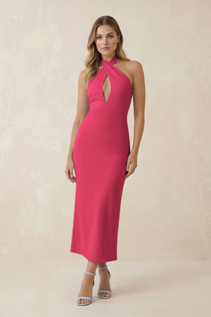 Halter Cut - Out Sheath Satin Midi Bridesmaid Dress in Fuchsia - KissProm Bridesmaid Dresses
