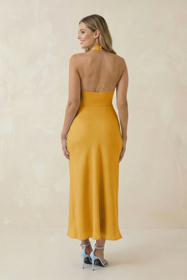 Halter Cut - Out Sheath Satin Midi Bridesmaid Dress in Gold - KissProm Bridesmaid Dresses
