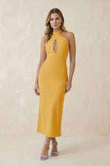 Halter Cut - Out Sheath Satin Midi Bridesmaid Dress in Gold - KissProm Bridesmaid Dresses