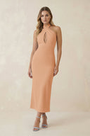 Halter Cut - Out Sheath Satin Midi Bridesmaid Dress in Golden Champagne - KissProm Bridesmaid Dresses