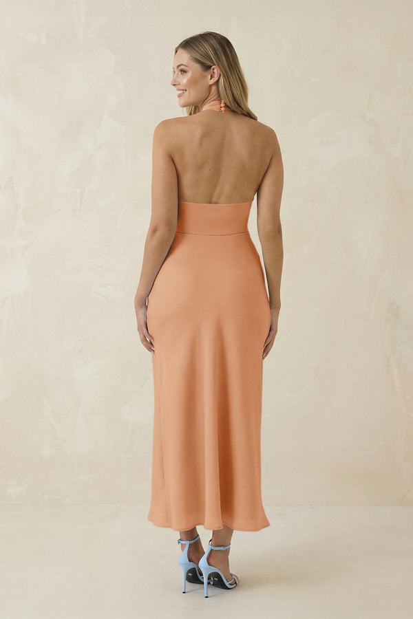 Halter Cut - Out Sheath Satin Midi Bridesmaid Dress in Golden Champagne - KissProm Bridesmaid Dresses