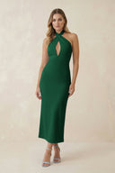 Halter Cut - Out Sheath Satin Midi Bridesmaid Dress in Green - KissProm Bridesmaid Dresses