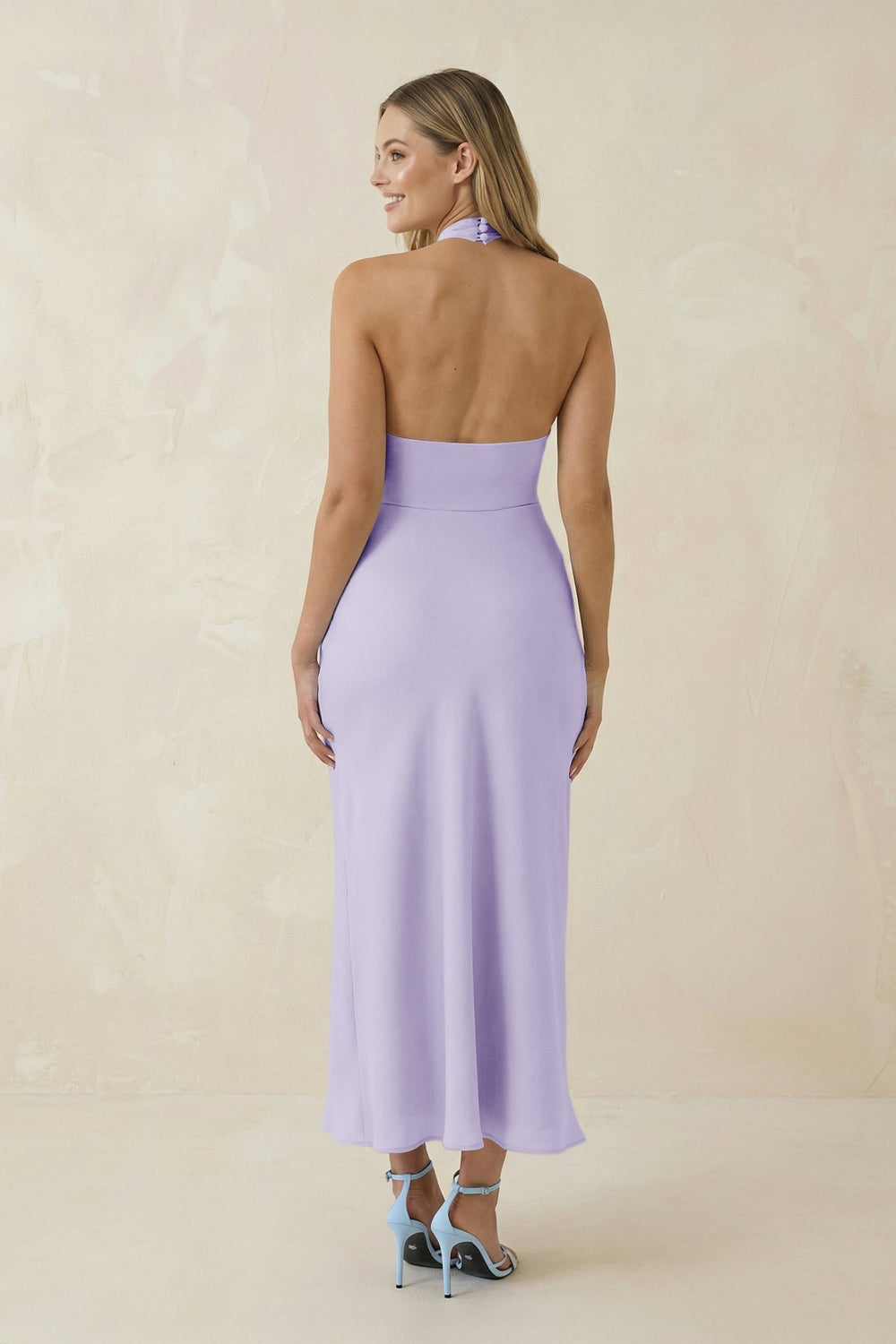 Halter Cut - Out Sheath Satin Midi Bridesmaid Dress in Lavender - KissProm Bridesmaid Dresses