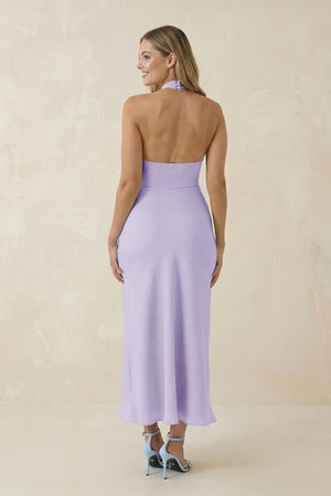 Halter Cut - Out Sheath Satin Midi Bridesmaid Dress in Lavender - KissProm Bridesmaid Dresses