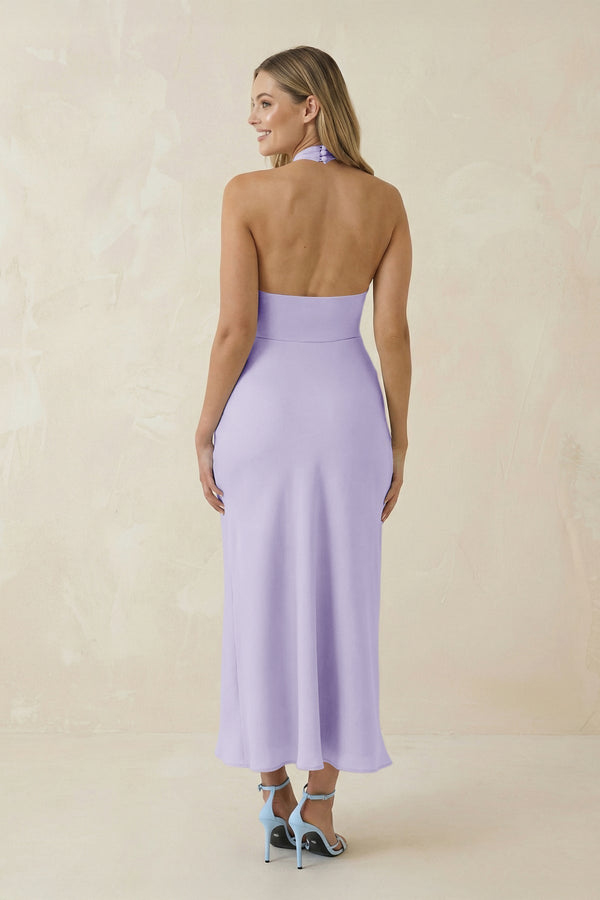 Halter Cut - Out Sheath Satin Midi Bridesmaid Dress in Lavender - KissProm Bridesmaid Dresses