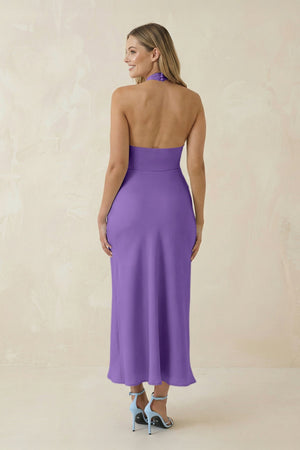 Halter Cut - Out Sheath Satin Midi Bridesmaid Dress in Lilac - KissProm Bridesmaid Dresses