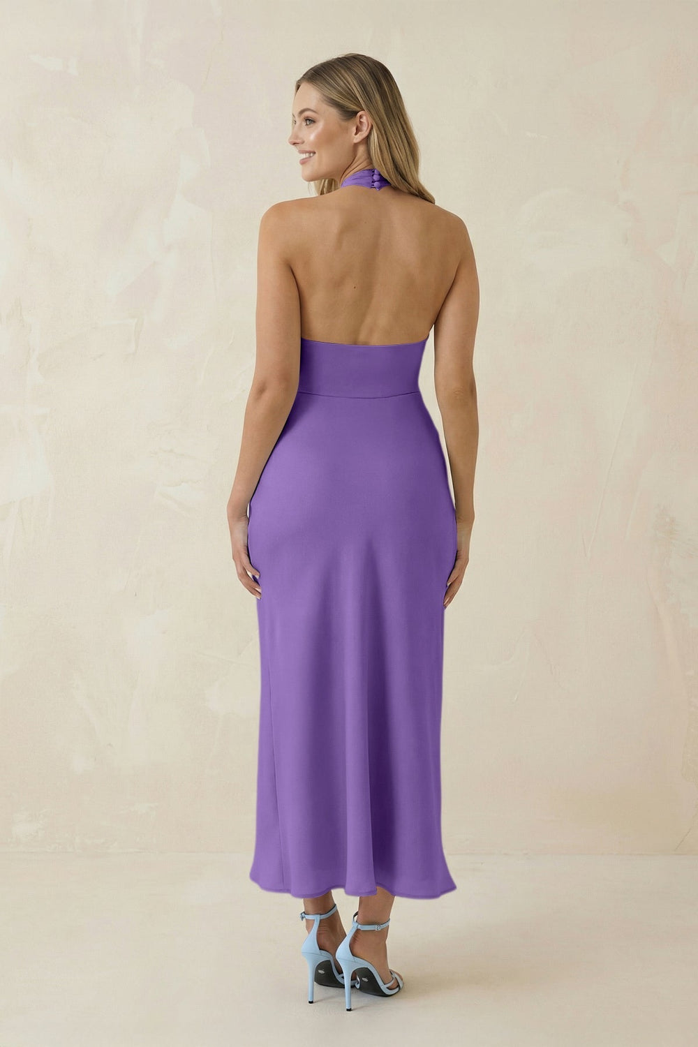Halter Cut - Out Sheath Satin Midi Bridesmaid Dress in Lilac - KissProm Bridesmaid Dresses