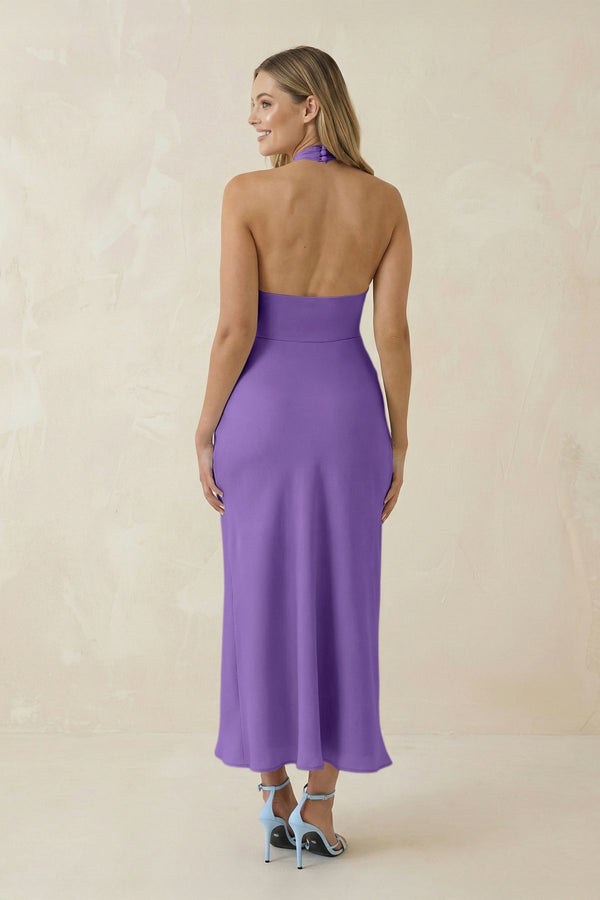 Halter Cut - Out Sheath Satin Midi Bridesmaid Dress in Lilac - KissProm Bridesmaid Dresses