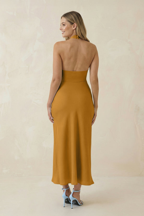 Halter Cut - Out Sheath Satin Midi Bridesmaid Dress in Marigold - KissProm Bridesmaid Dresses