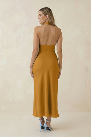 Halter Cut - Out Sheath Satin Midi Bridesmaid Dress in Marigold - KissProm Bridesmaid Dresses