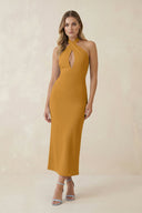Halter Cut - Out Sheath Satin Midi Bridesmaid Dress in Marigold - KissProm Bridesmaid Dresses