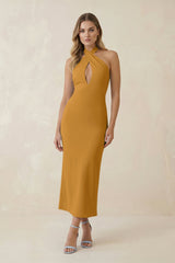 Halter Cut - Out Sheath Satin Midi Bridesmaid Dress in Marigold - KissProm Bridesmaid Dresses