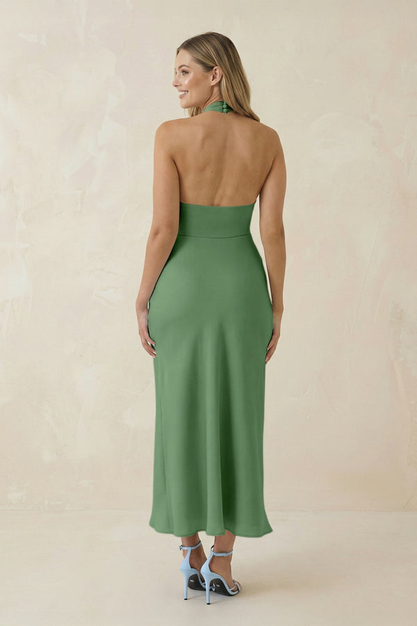 Halter Cut - Out Sheath Satin Midi Bridesmaid Dress in Matcha - KissProm Bridesmaid Dresses