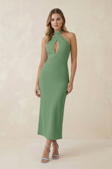 Halter Cut - Out Sheath Satin Midi Bridesmaid Dress in Matcha - KissProm Bridesmaid Dresses